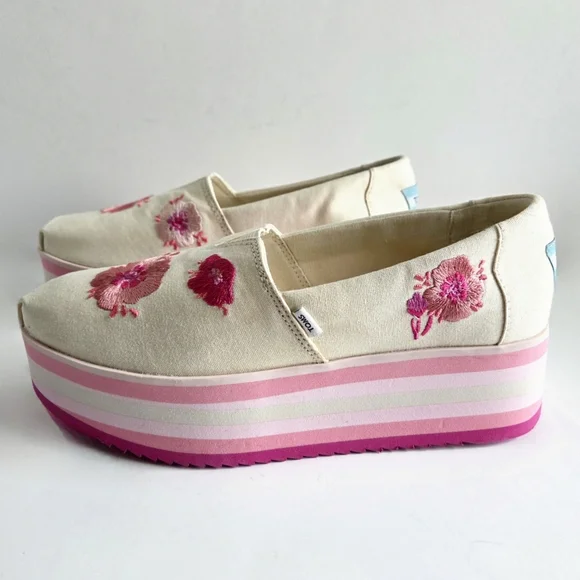 Toms Embroidered Floral On Canvas Platform Slip-On Shoes, Pink & Cream, Size 8.5 - Picture 4 of 16